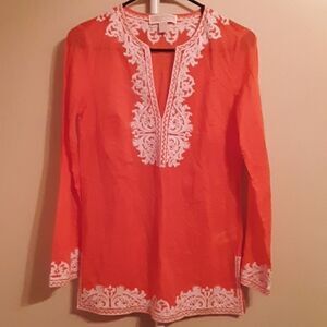 💫💫💫 MICHAEL KORS ORANGE EMBROIDERED V-NECK LONG SLEEVE TUNIC TOP XS